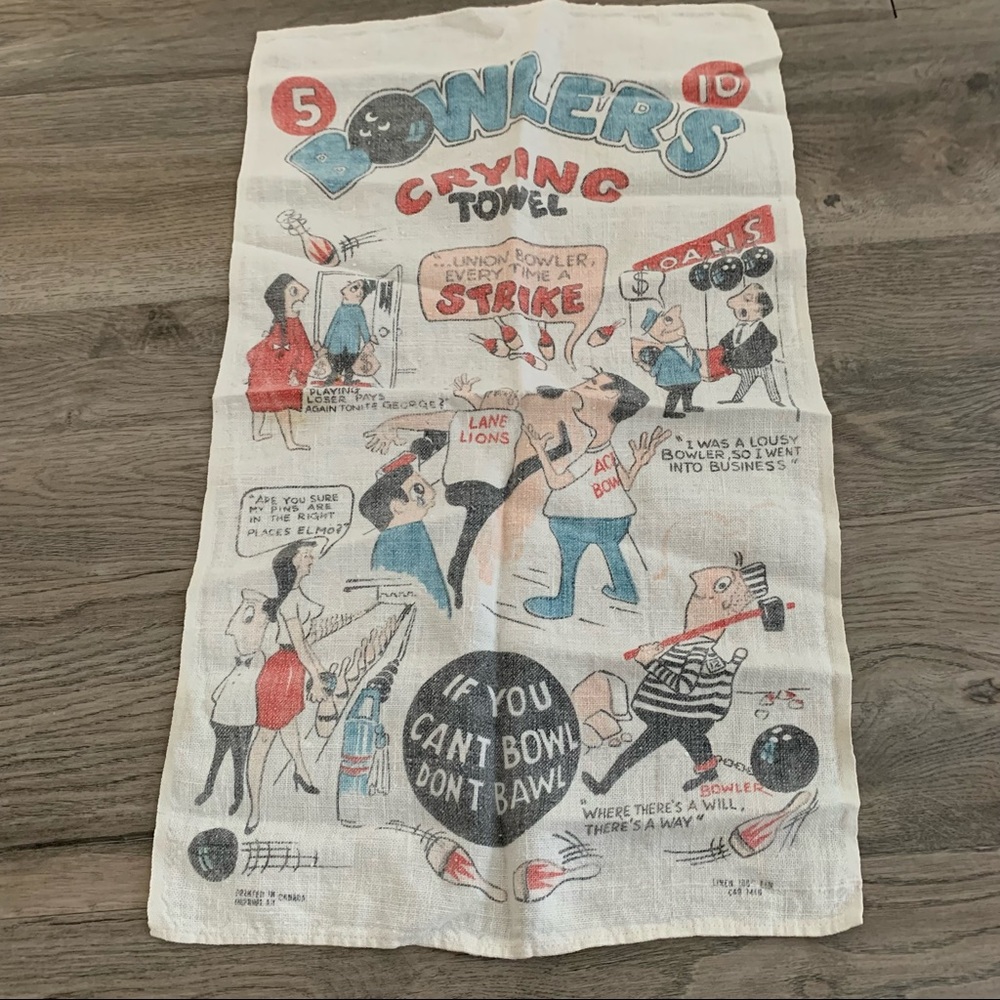 Vintage Bowlers Crying Towel 1950’s Linen Kitchen comic retro 50’s